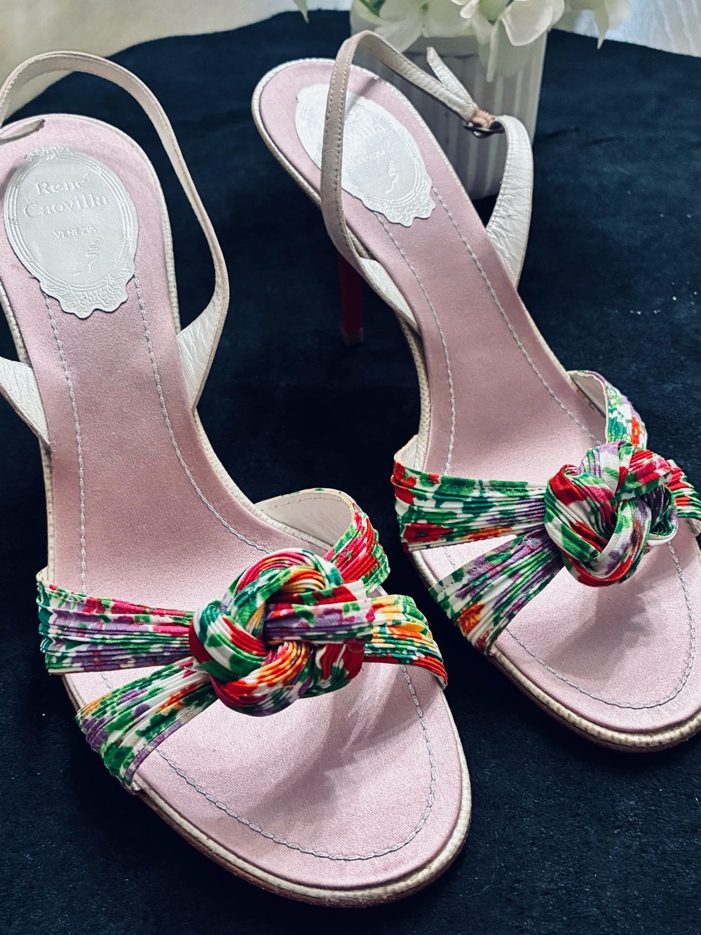 Rene Caovilla Pink Slingback Sandals with Multicolor Knotted Straps